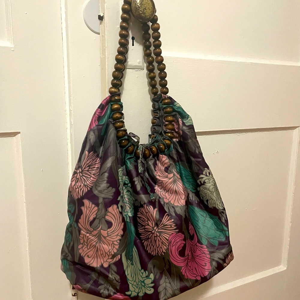 Floral satin bag with beaded handles